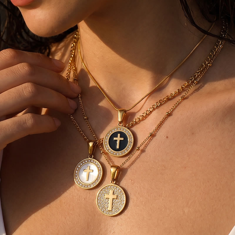 Sparkling Rhinestone‑Encircled Round Cross Medallion Necklace: Emblem of Abiding Heavenly Shelter