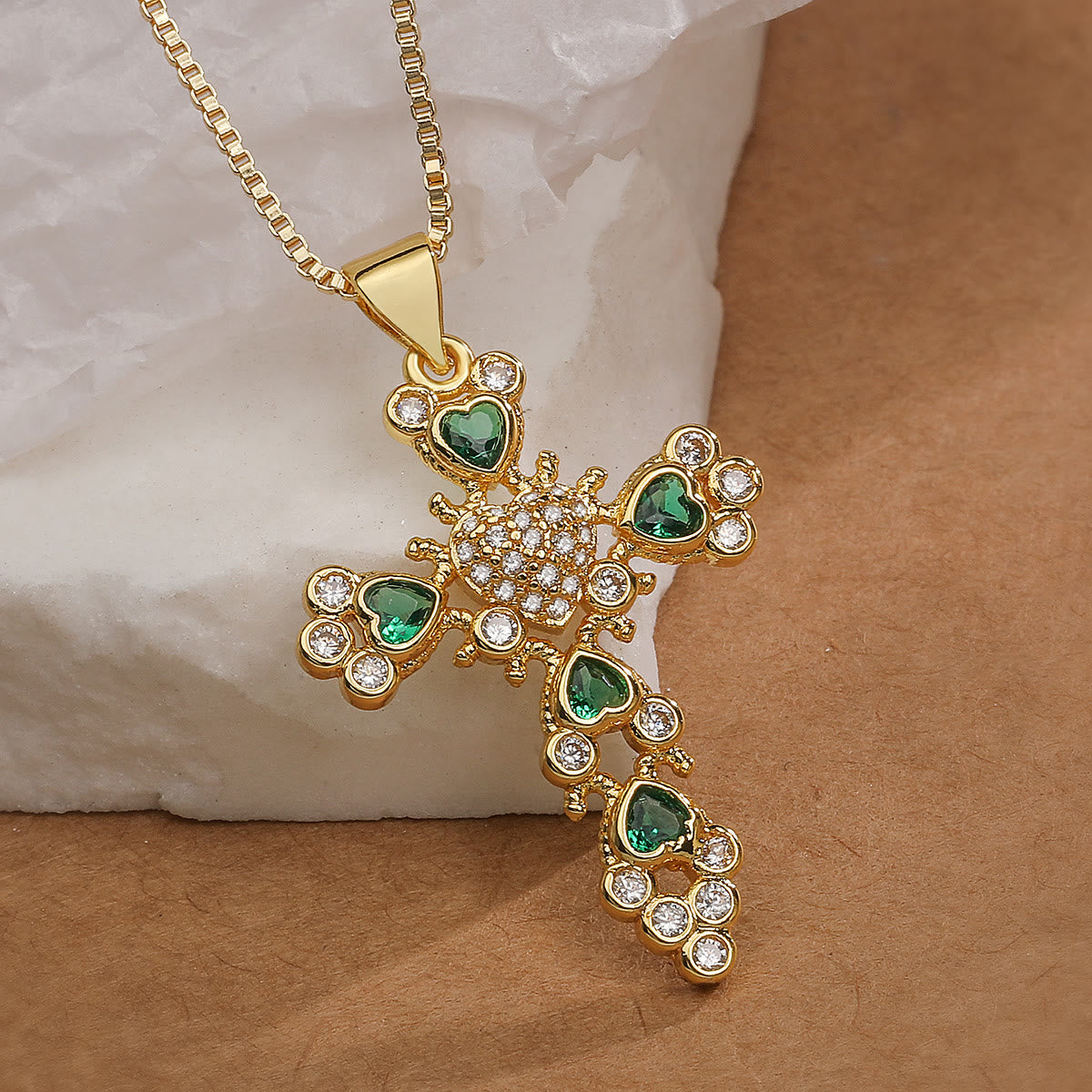 Heart‑Gem Ornate Cross Pendant Necklace: Emblem of Tender Heavenly Devotion