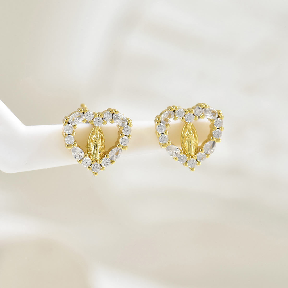 Sparkling Halo Heart Our Lady of Guadalupe Stud Earrings: Celestial Emblem of Maternal Grace