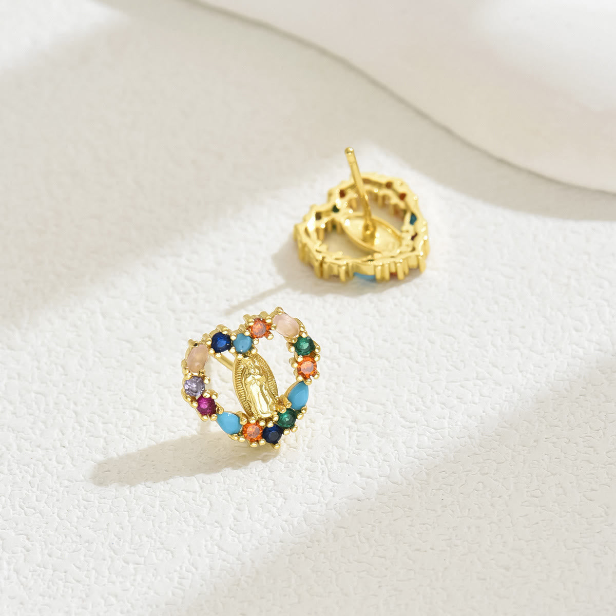 Sparkling Halo Heart Our Lady of Guadalupe Stud Earrings: Celestial Emblem of Maternal Grace
