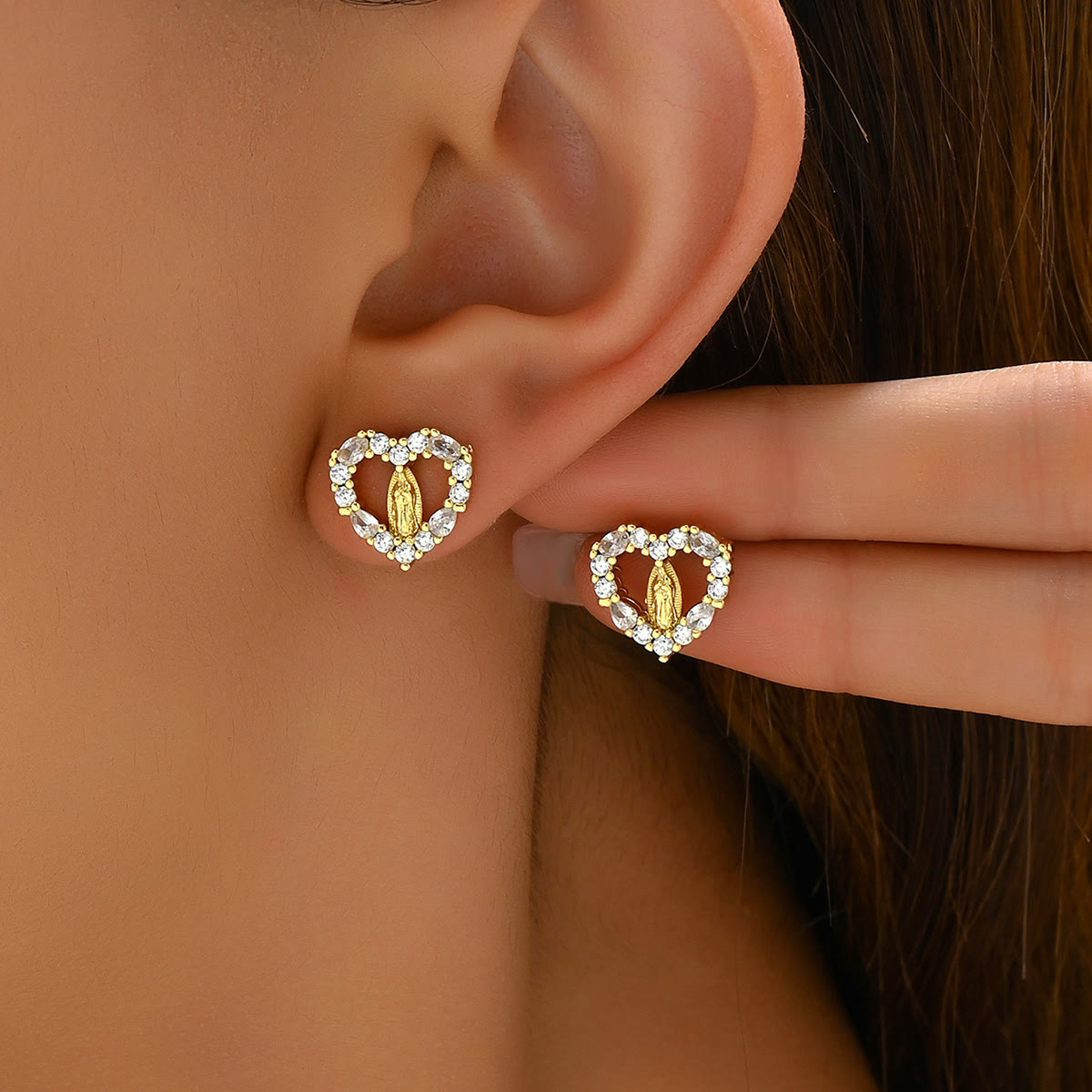 Sparkling Halo Heart Our Lady of Guadalupe Stud Earrings: Celestial Emblem of Maternal Grace