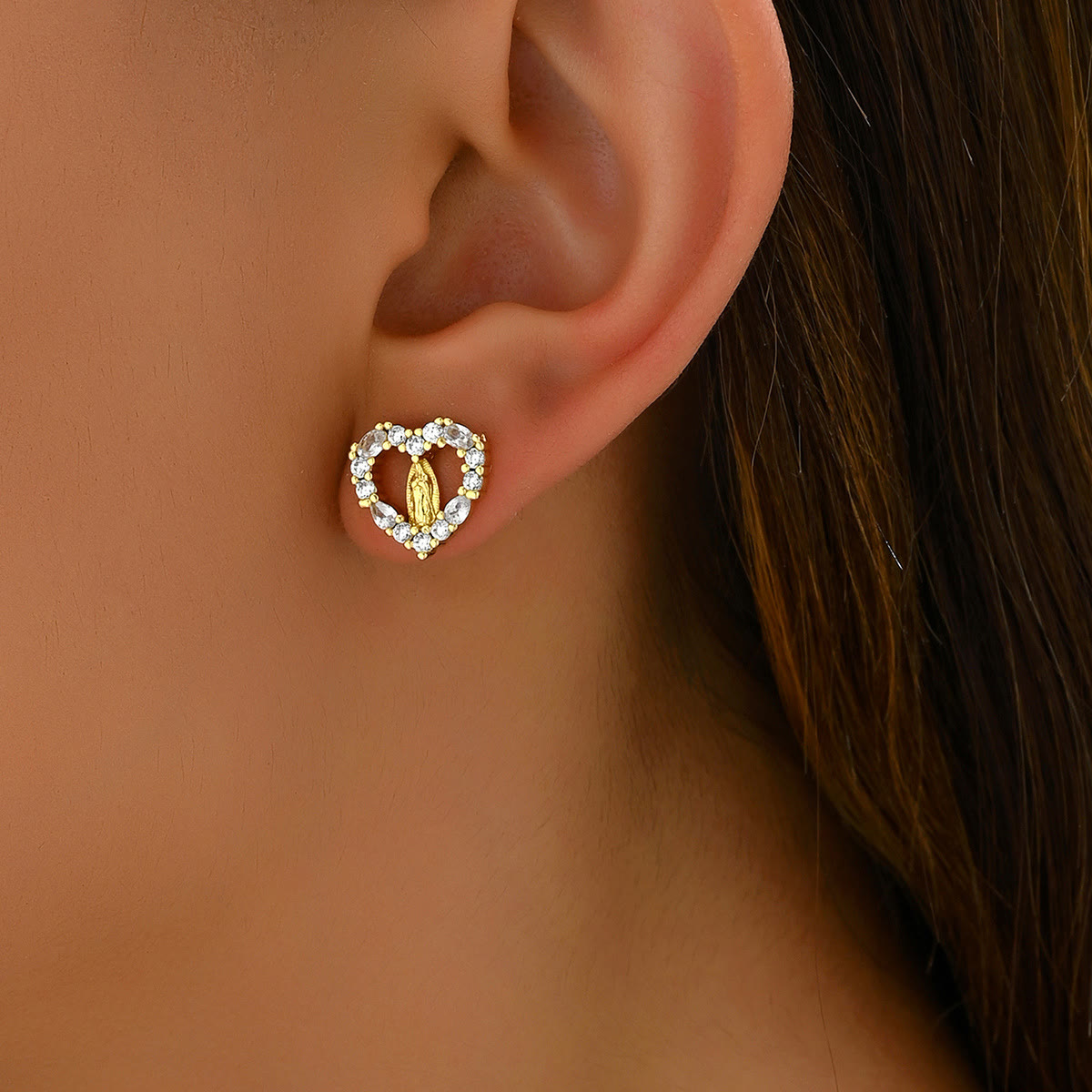 Sparkling Halo Heart Our Lady of Guadalupe Stud Earrings: Celestial Emblem of Maternal Grace