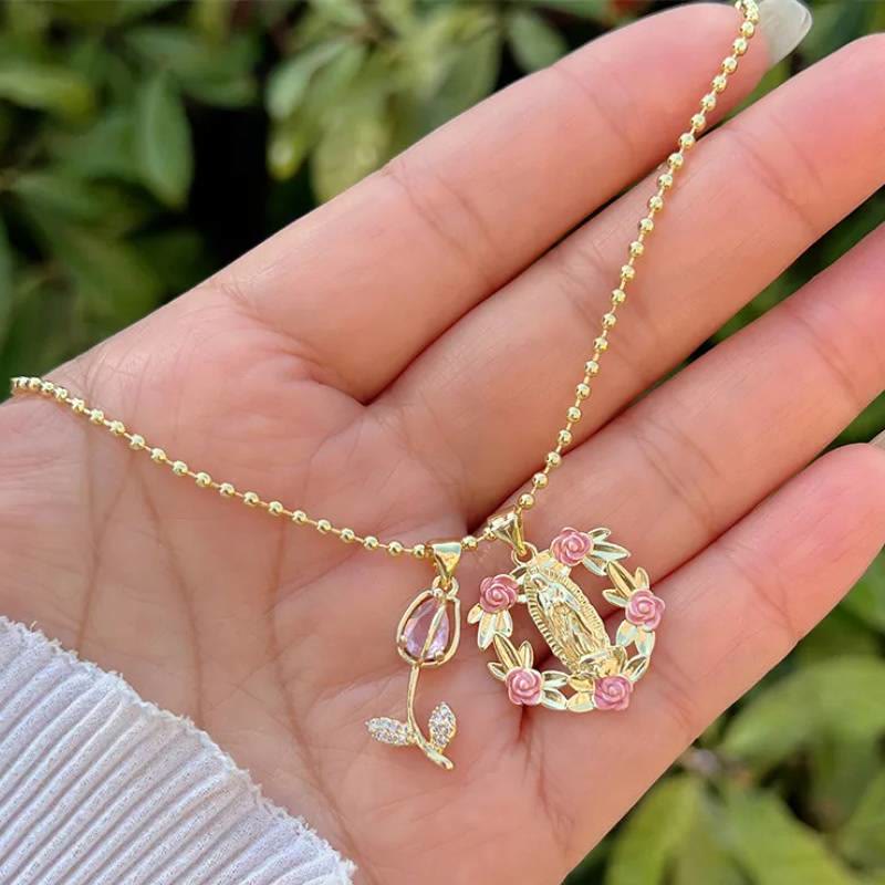 Dual-Pendant Our Lady of Guadalupe Necklace with Floral Medallion: Emblem of Celestial Maternal Grace