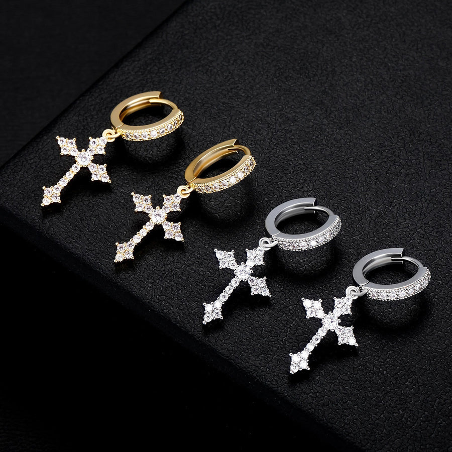 Sparkling Stone-Clustered Cross Charm Earrings: Token of Sacred Redemptive Love