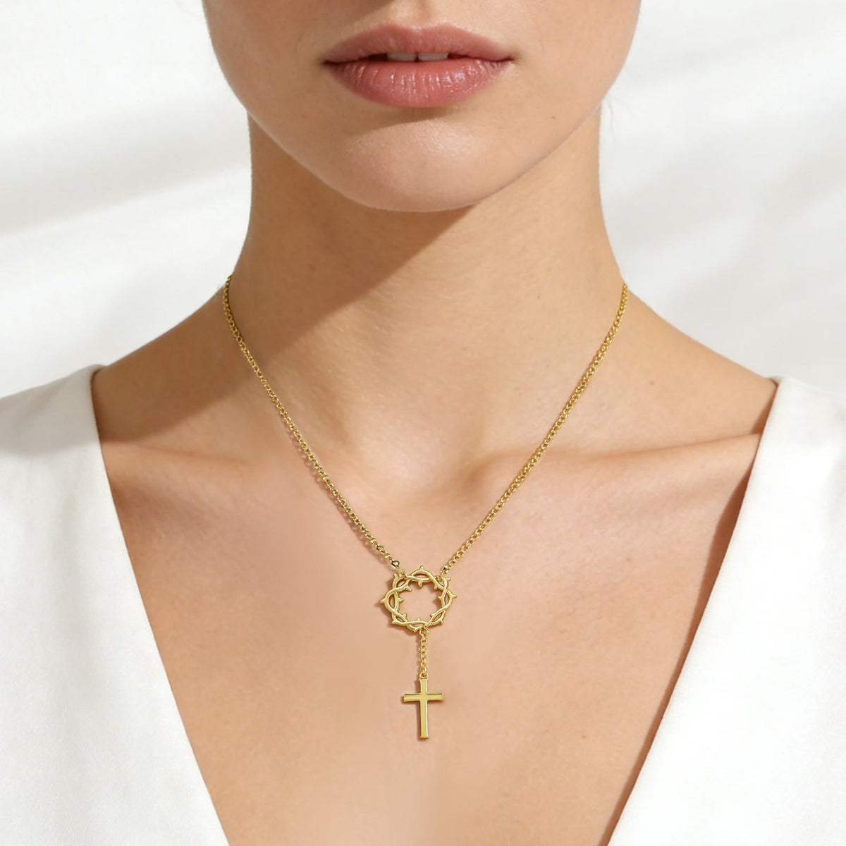 Crown of Thorns Lariat Necklace with Polished Cross: Emblem of Sacred Redemptive Grace