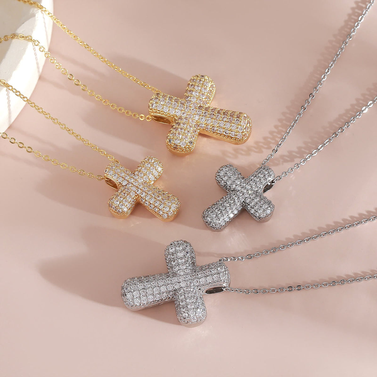 Sparkling Rounded-Tip Cross Necklace with Pavé Stones: Token of Sacred Redemptive Grace