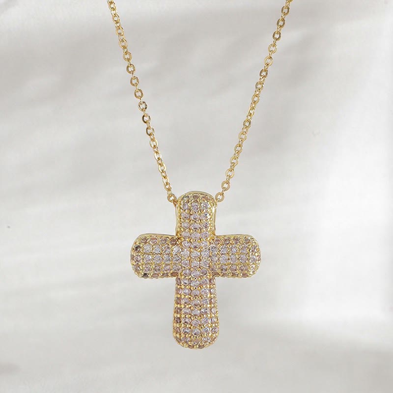 Sparkling Rounded-Tip Cross Necklace with Pavé Stones: Token of Sacred Redemptive Grace