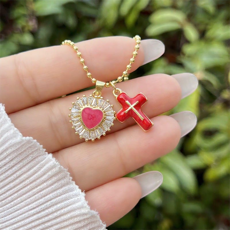 Enamel Heart & Cross Dual Charm Ball Chain Necklace: Emblem of Tender Heavenly Mercy