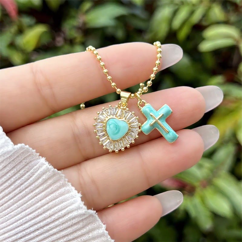 Enamel Heart & Cross Dual Charm Ball Chain Necklace: Emblem of Tender Heavenly Mercy