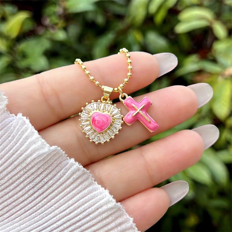 Enamel Heart & Cross Dual Charm Ball Chain Necklace: Emblem of Tender Heavenly Mercy