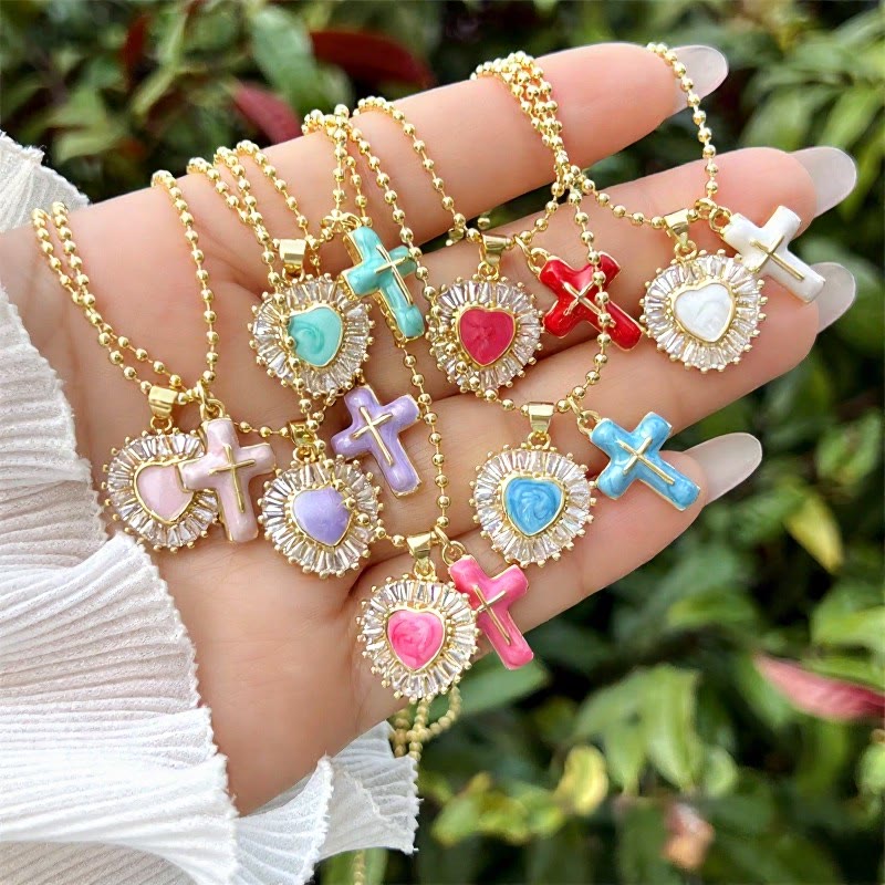 Enamel Heart & Cross Dual Charm Ball Chain Necklace: Emblem of Tender Heavenly Mercy