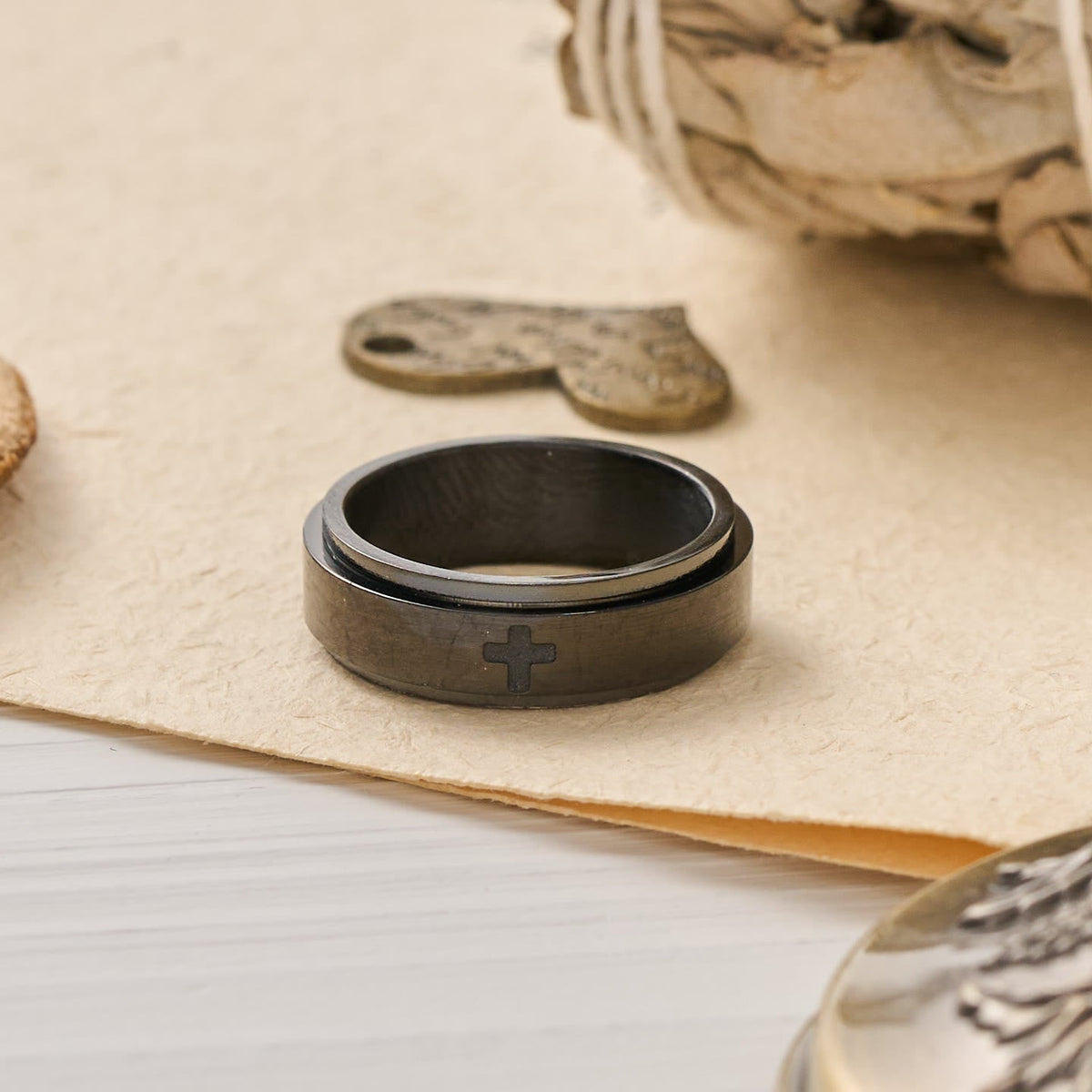 Engraved Cross Rotatable Anxiety Relief Band Ring: Emblem of Steady Heavenly Guidance