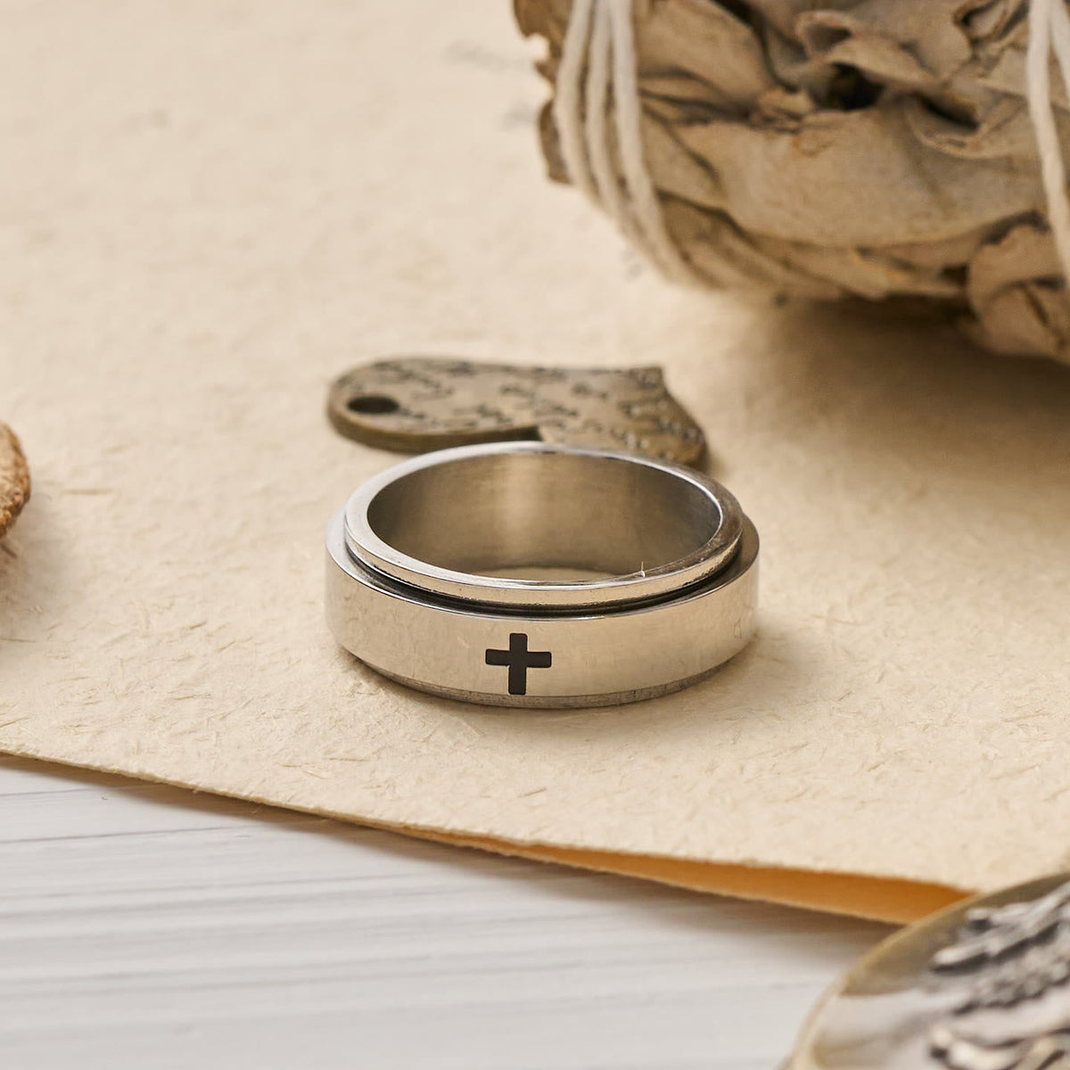 Engraved Cross Rotatable Anxiety Relief Band Ring: Emblem of Steady Heavenly Guidance