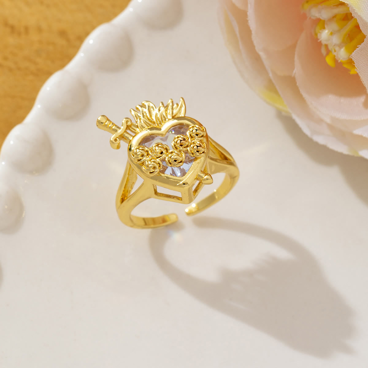 Ornate Sacred Heart Adjustable Open Ring: Emblem of Boundless Heavenly Compassion