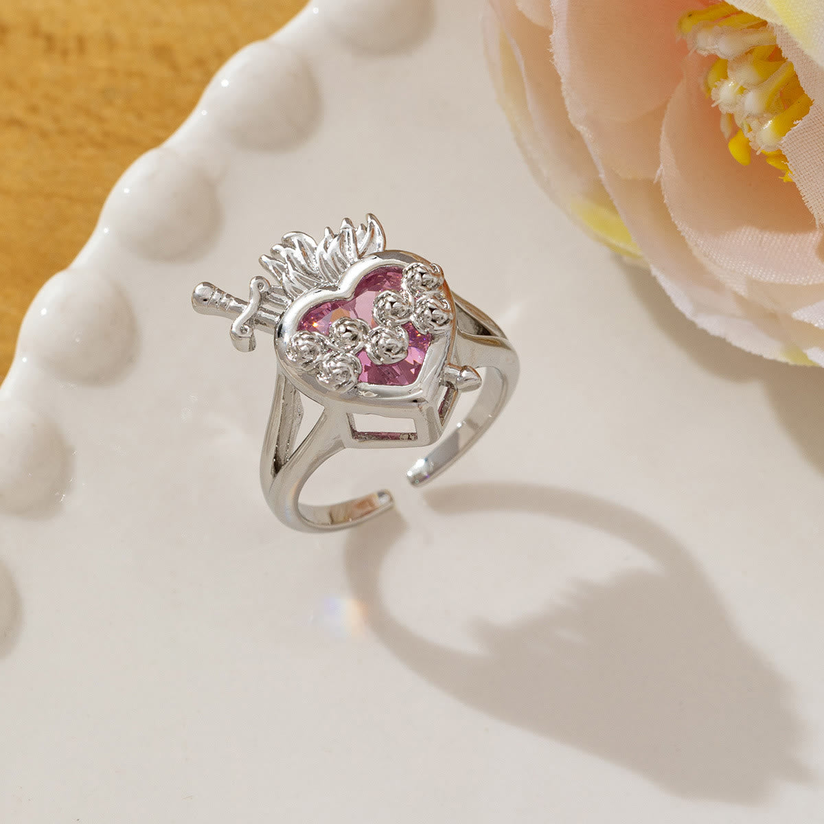 Ornate Sacred Heart Adjustable Open Ring: Emblem of Boundless Heavenly Compassion