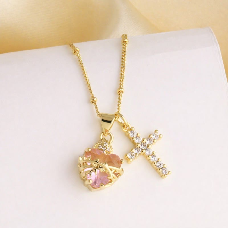 Dual Charm Sacred Heart & Pavé Cross Necklace: Emblem of Boundless Heavenly Compassion