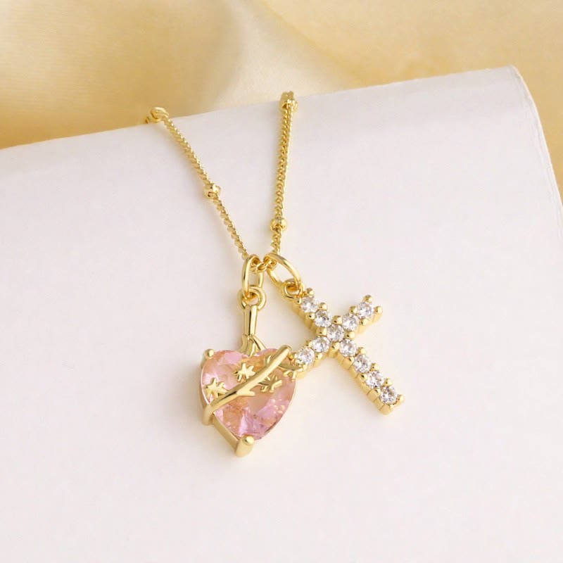 Dual Charm Sacred Heart & Pavé Cross Necklace: Emblem of Boundless Heavenly Compassion