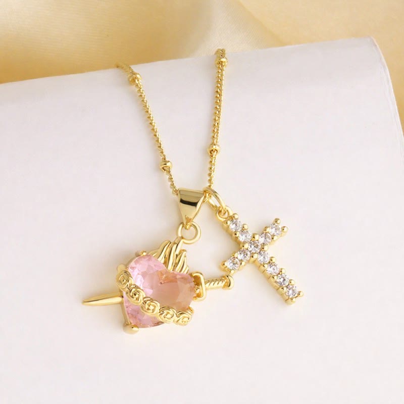 Dual Charm Sacred Heart & Pavé Cross Necklace: Emblem of Boundless Heavenly Compassion