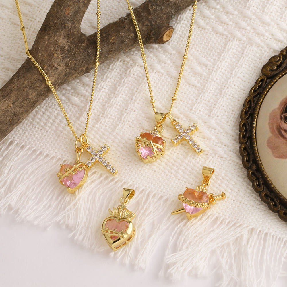 Dual Charm Sacred Heart & Pavé Cross Necklace: Emblem of Boundless Heavenly Compassion