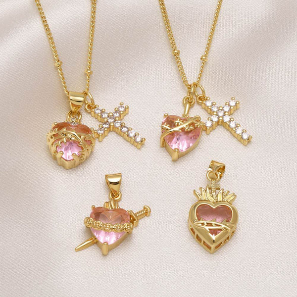 Dual Charm Sacred Heart & Pavé Cross Necklace: Emblem of Boundless Heavenly Compassion