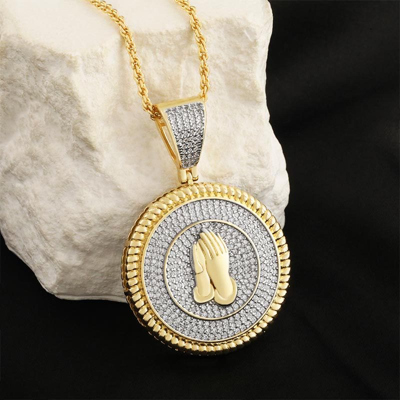 Iced Praying Hands Round Medallion Necklace: Emblem of Sincere Heavenly Supplication