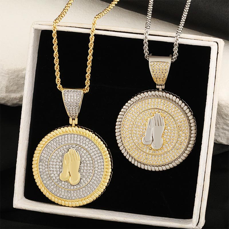 Iced Praying Hands Round Medallion Necklace: Emblem of Sincere Heavenly Supplication
