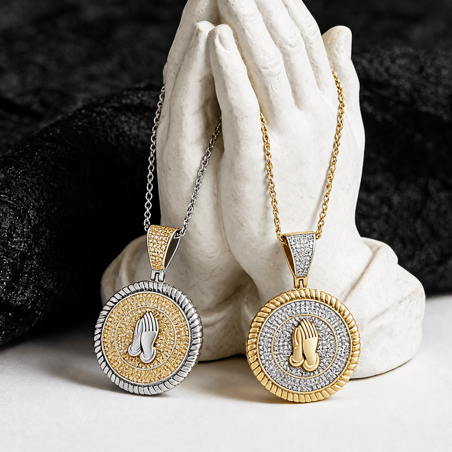 Iced Praying Hands Round Medallion Necklace: Emblem of Sincere Heavenly Supplication