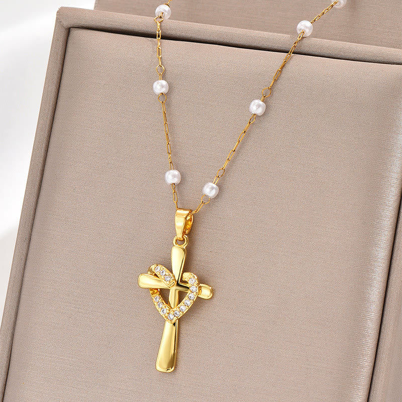 Pearl Station Chain Pavé Heart Wrapped Cross Necklace: Emblem of Wholehearted Heavenly Affection