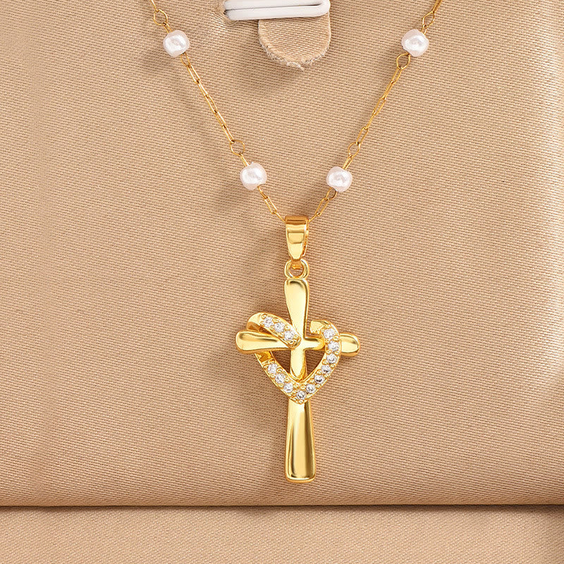 Pearl Station Chain Pavé Heart Wrapped Cross Necklace: Emblem of Wholehearted Heavenly Affection