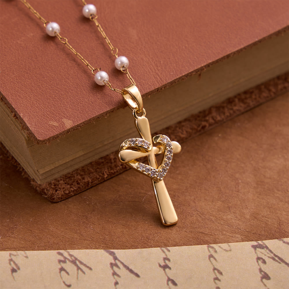 Pearl Station Chain Pavé Heart Wrapped Cross Necklace: Emblem of Wholehearted Heavenly Affection