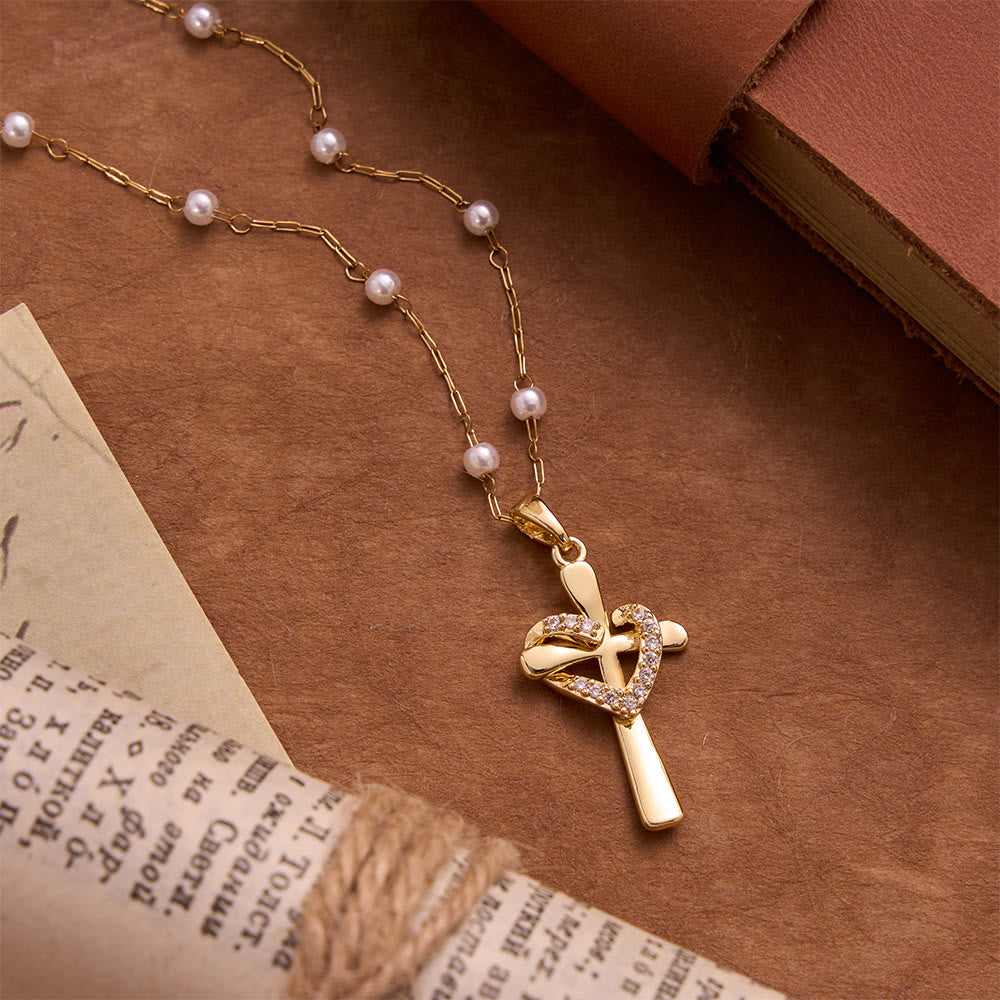 Pearl Station Chain Pavé Heart Wrapped Cross Necklace: Emblem of Wholehearted Heavenly Affection