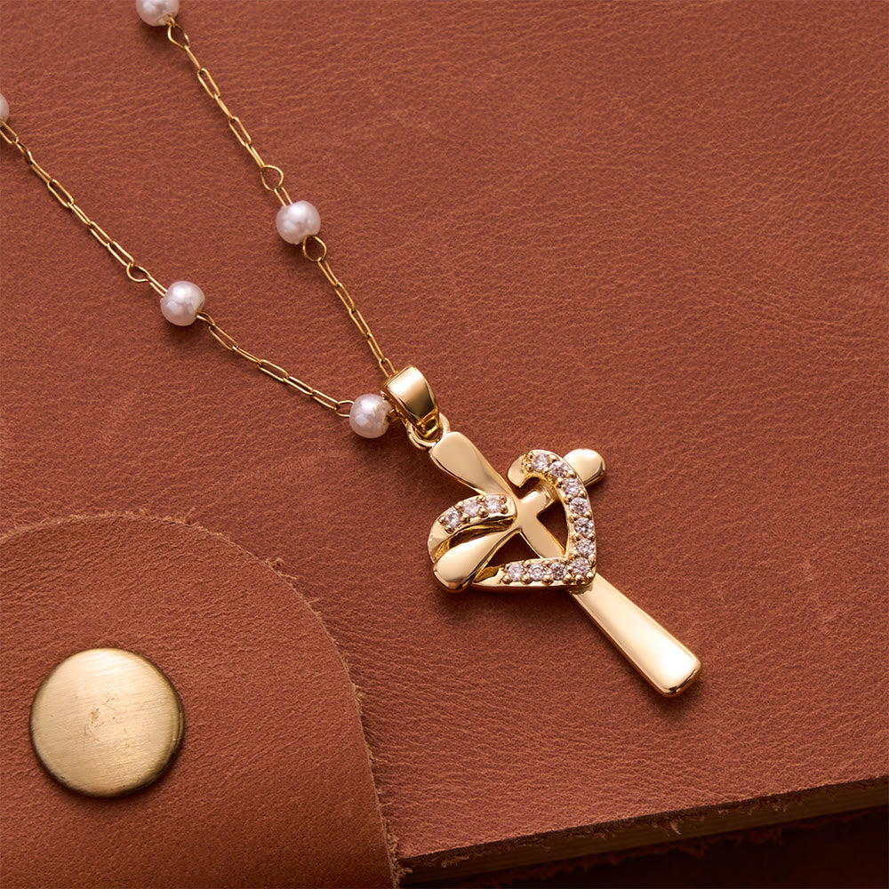 Pearl Station Chain Pavé Heart Wrapped Cross Necklace: Emblem of Wholehearted Heavenly Affection