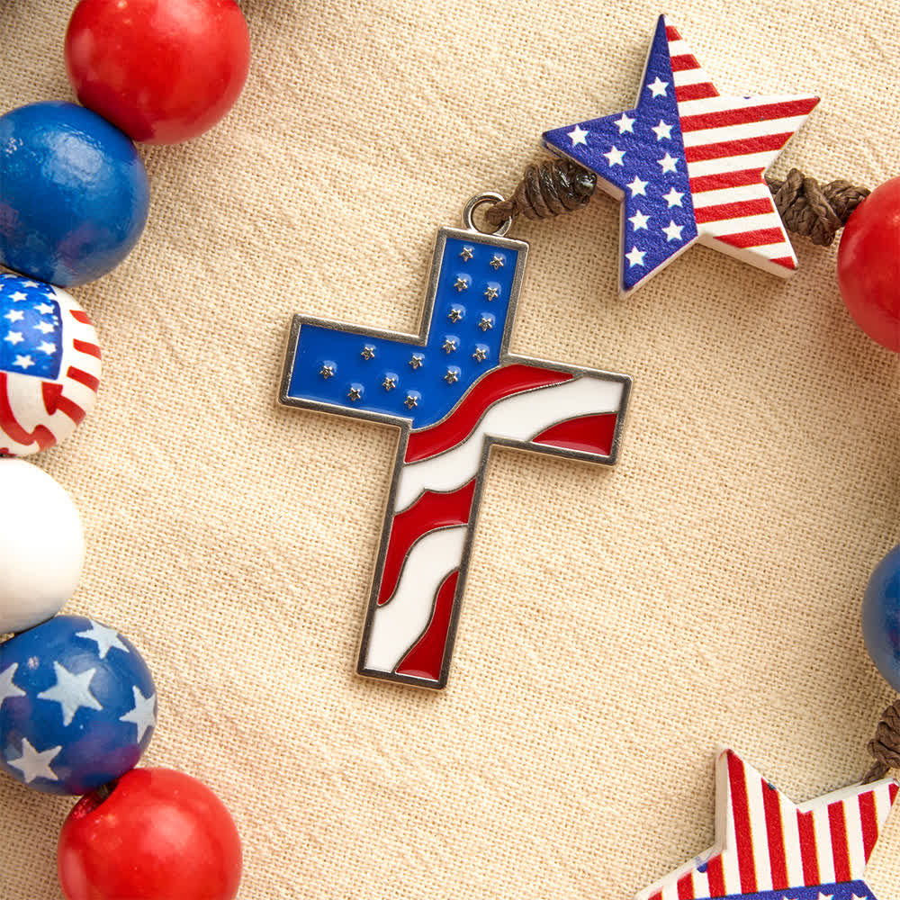 Two-Style Patriotic American Flag Cross Rosary with Red White Blue Stars & Stripes Beads