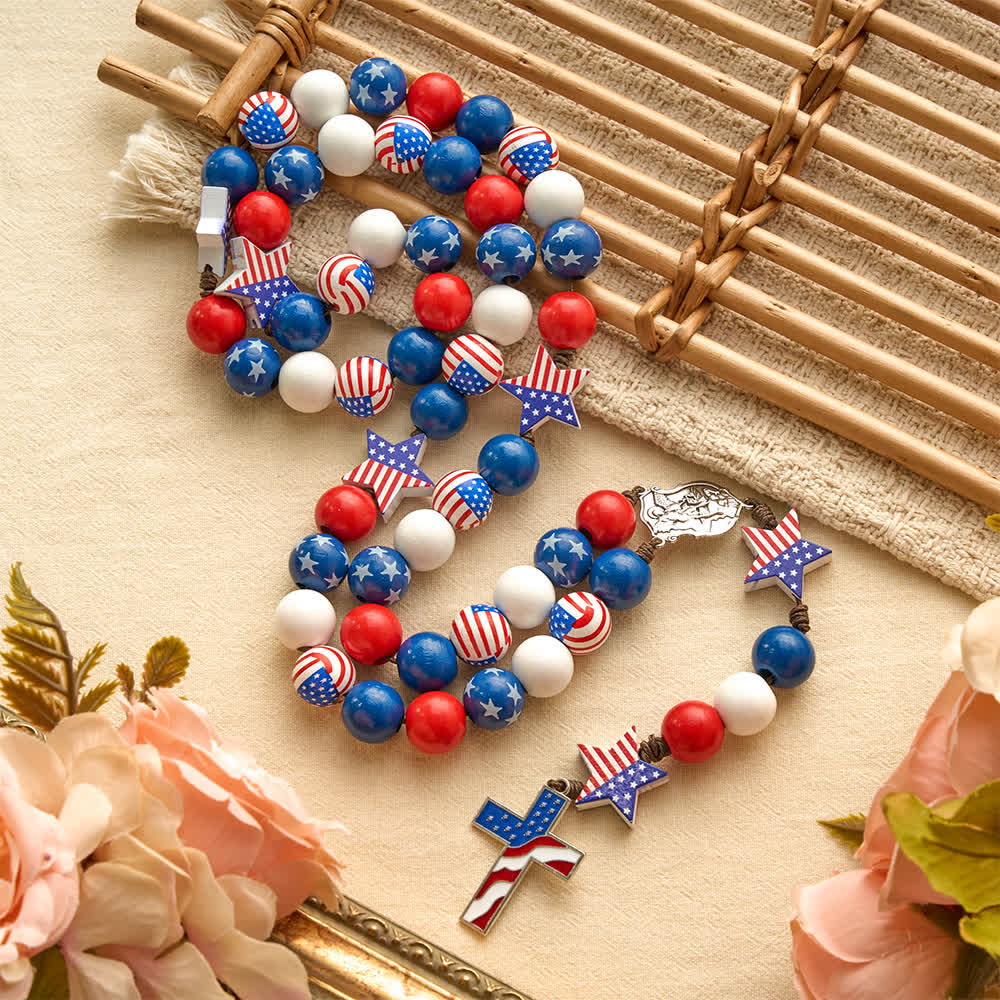 Two-Style Patriotic American Flag Cross Rosary with Red White Blue Stars & Stripes Beads