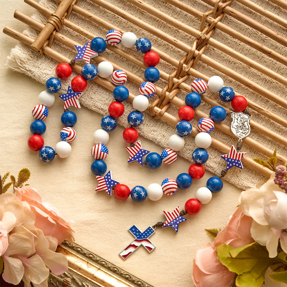 Two-Style Patriotic American Flag Cross Rosary with Red White Blue Stars & Stripes Beads