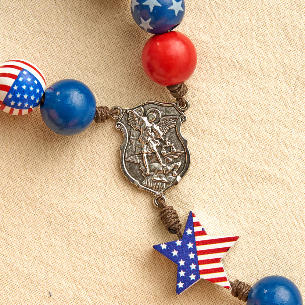 Two-Style Patriotic American Flag Cross Rosary with Red White Blue Stars & Stripes Beads