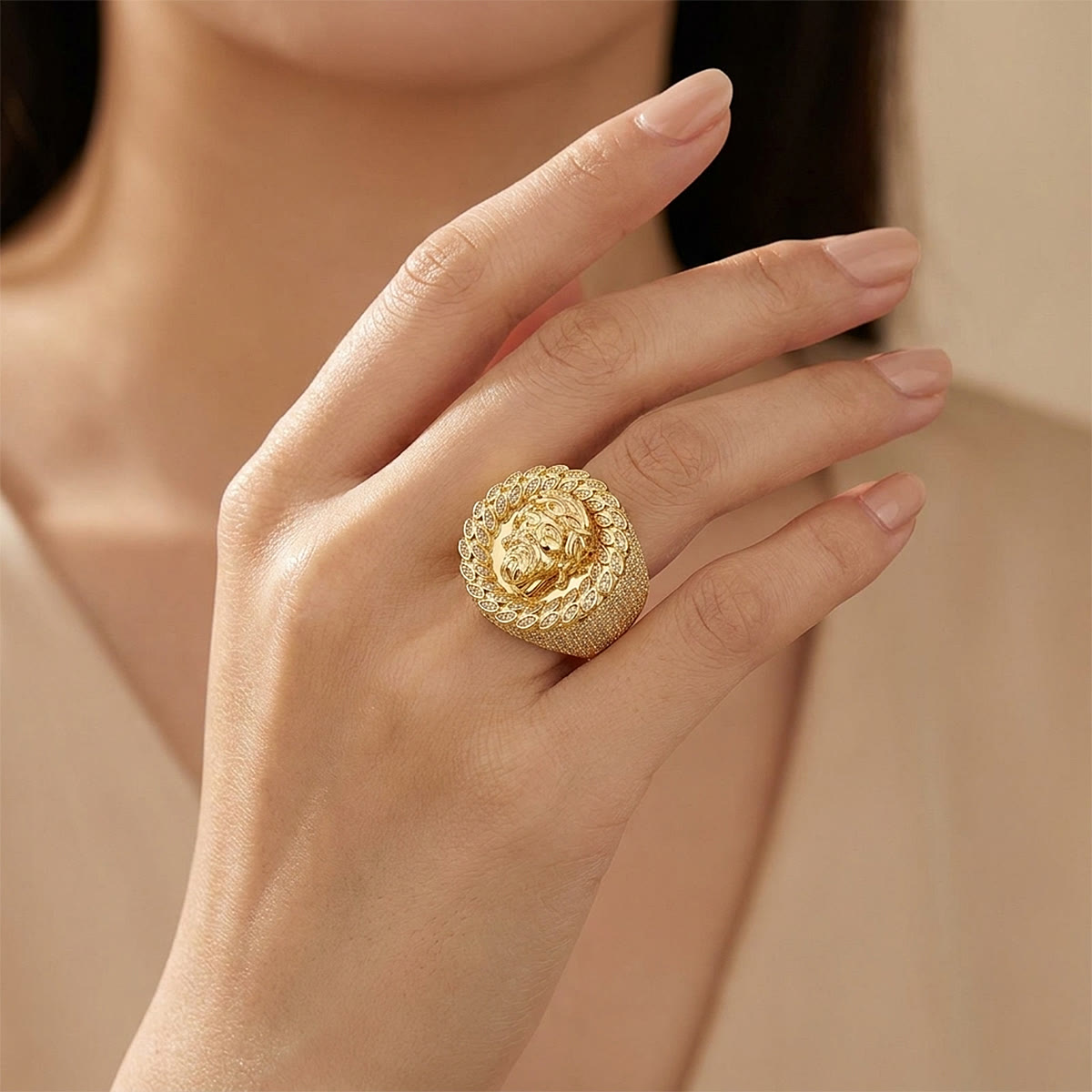 Iced Pave Halo Sculpted Portrait Statement Ring: Emblem of Enduring Heavenly Compassion