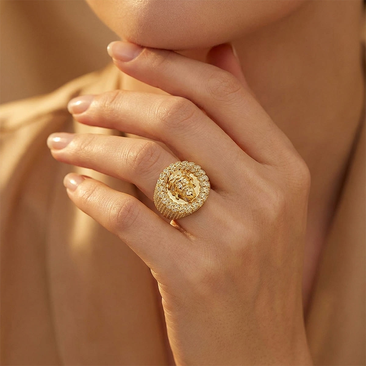 Iced Pave Halo Sculpted Portrait Statement Ring: Emblem of Enduring Heavenly Compassion