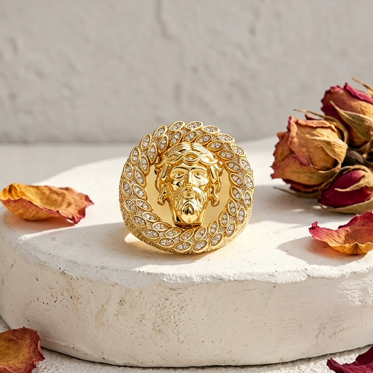 Iced Pave Halo Sculpted Portrait Statement Ring: Emblem of Enduring Heavenly Compassion
