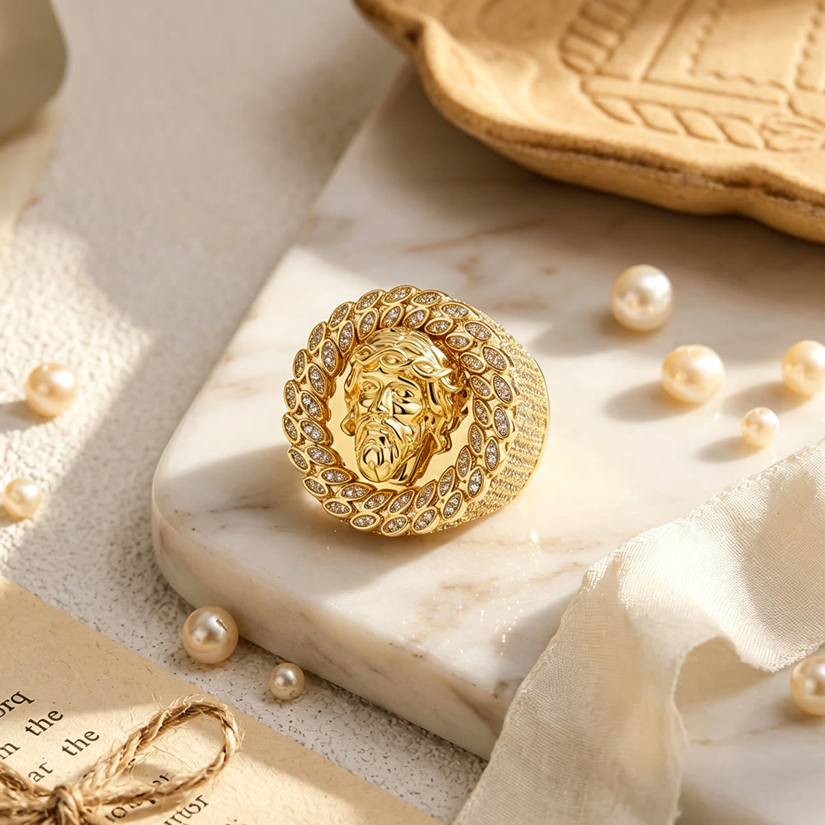 Iced Pave Halo Sculpted Portrait Statement Ring: Emblem of Enduring Heavenly Compassion