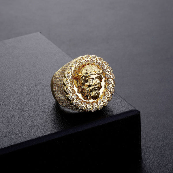 Iced Pave Halo Sculpted Portrait Statement Ring: Emblem of Enduring Heavenly Compassion