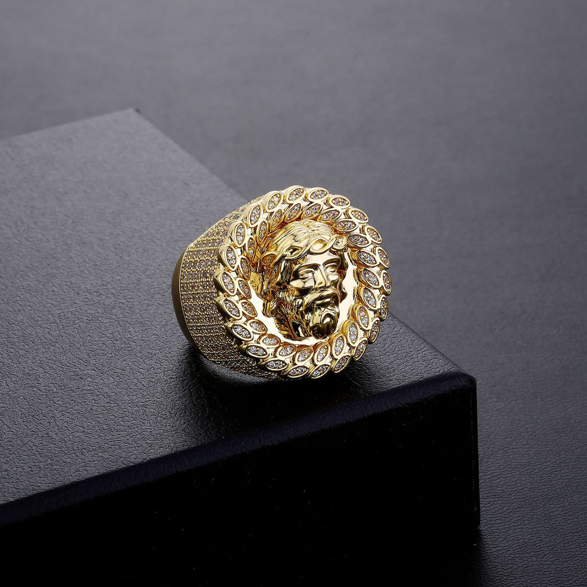 Iced Pave Halo Sculpted Portrait Statement Ring: Emblem of Enduring Heavenly Compassion