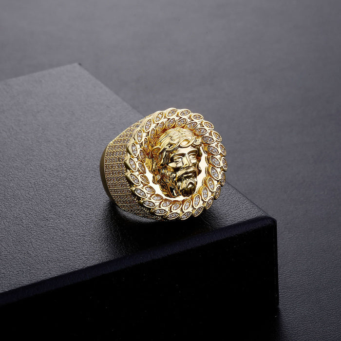 Iced Pave Halo Sculpted Portrait Statement Ring: Emblem of Enduring Heavenly Compassion