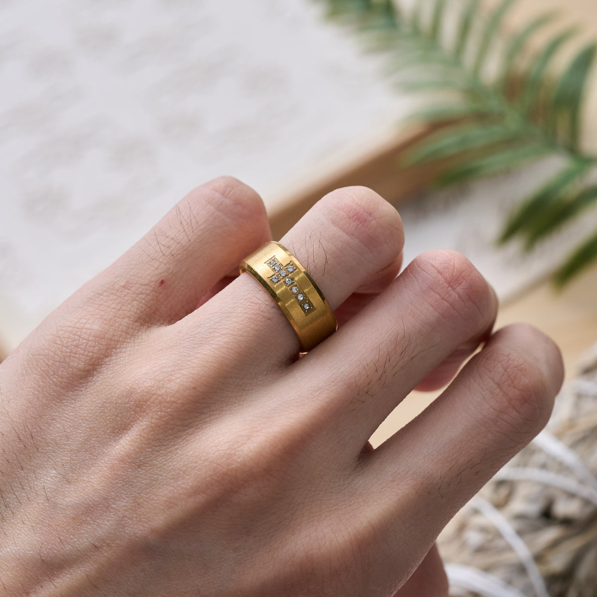 Sleek Wide Band Jeweled Cross Ring: Token of Calming Divine Guidance