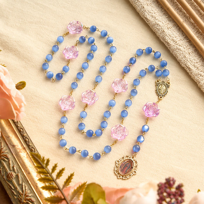 Blue Cat’s Eye Rose Rosary With Our Lady Medal: Token of Gentle Heavenly Mercy