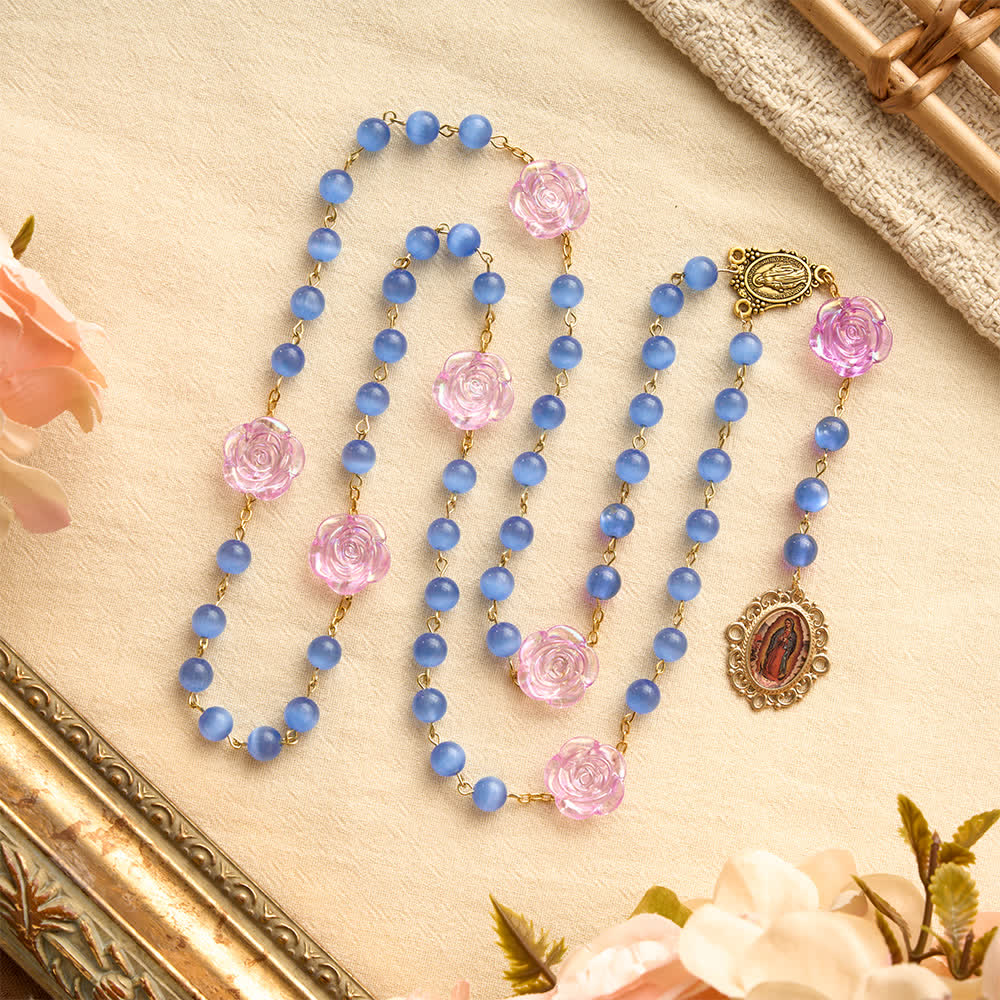 Blue Cat’s Eye Rose Rosary With Our Lady Medal: Token of Gentle Heavenly Mercy