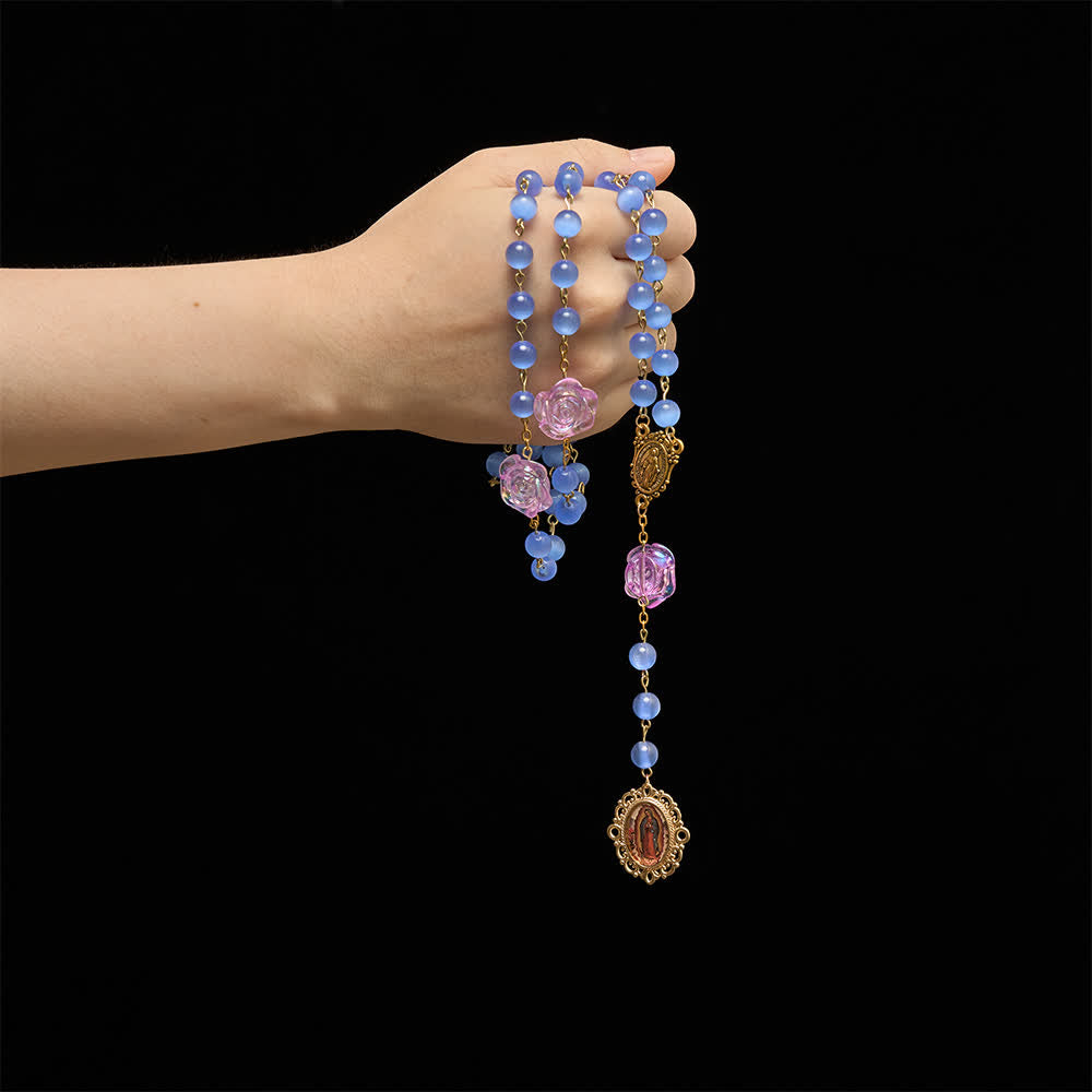 Blue Cat’s Eye Rose Rosary With Our Lady Medal: Token of Gentle Heavenly Mercy