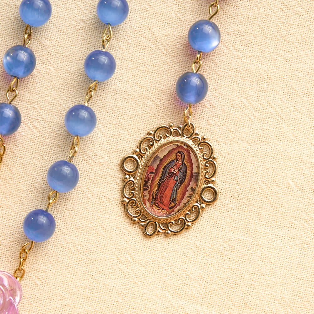 Blue Cat’s Eye Rose Rosary With Our Lady Medal: Token of Gentle Heavenly Mercy
