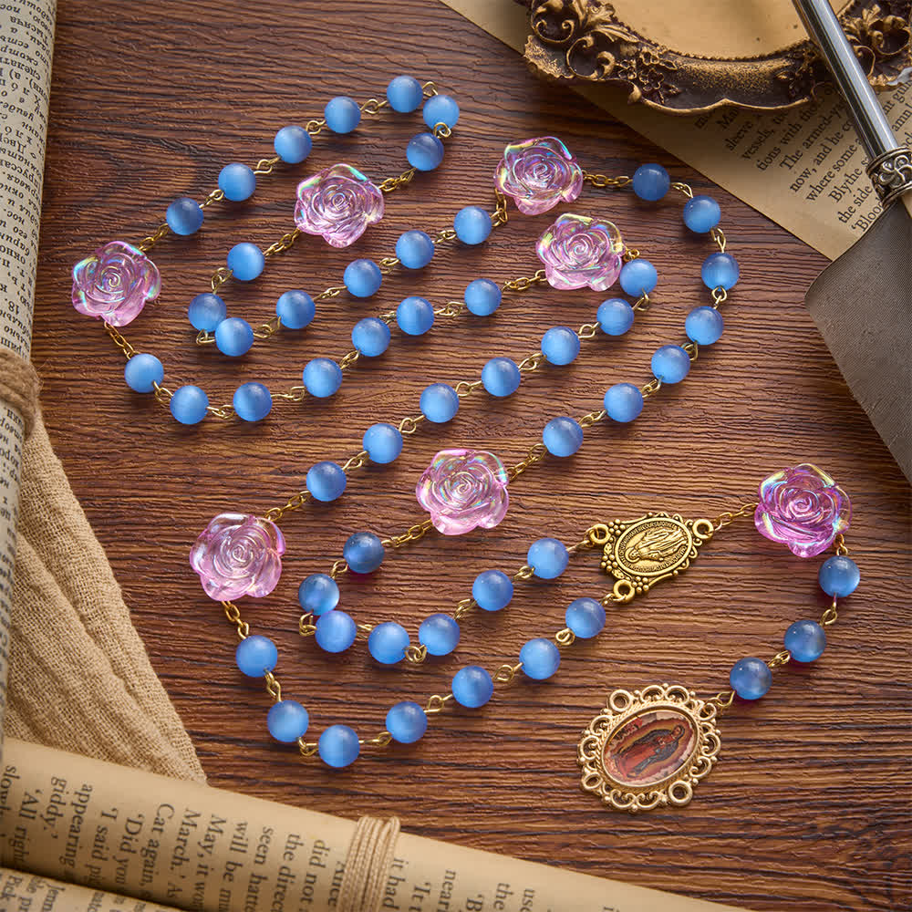 Blue Cat’s Eye Rose Rosary With Our Lady Medal: Token of Gentle Heavenly Mercy