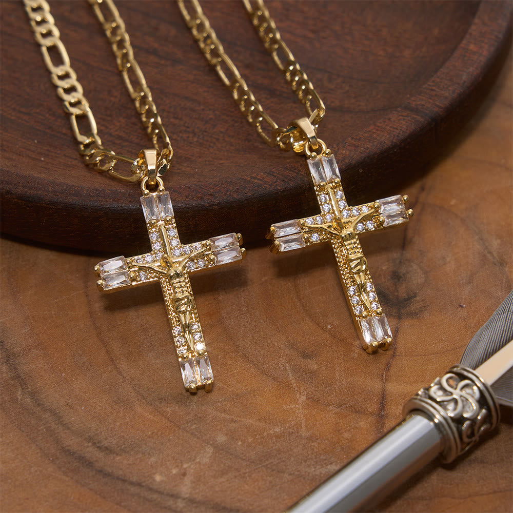 Baguette Crystal Crucifix Figaro Chain Necklace: Emblem of Everlasting Divine Mercy